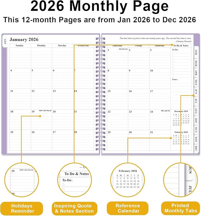 2026 Planner - Weekly and Monthly Planner from Jan 2026 - Dec 2026, Spiral Planning 2026 with 12-Month Tabs, Inner Pocket, 8.5" x 11", Purple