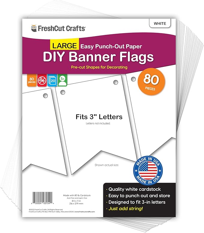 80 pcs Paper DIY Banner Flags White Pennant Banners, Large (3.75 x 5 in), US Made Card Stock Punch Out Blank Pennants for Party Decorations, Kids Birthdays, Classroom, Celebration, Festive Parties