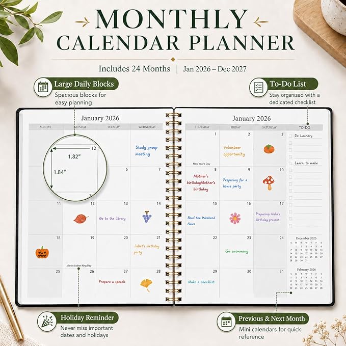 2026-2027 Monthly Planner - Jan.2026 - Dec. 2027, 2 Year Calendar 2026-2027 Monthly Planner, 7.5" x 10", 24 Months Calendar Planner with Note Pages, Twin-wire Binding, for Office, School Home Planning - Black