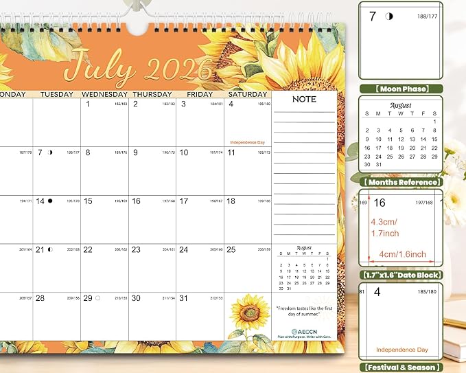 AECCN Calendar 2026-2027, 18 Months Calendars, 14.4" x 11.4", Thick Paper, Anti Ink Bleed and Transparent Cover, Wall Calendar 2026-2027 with Stickers for Home, school, Office Planning-Flower