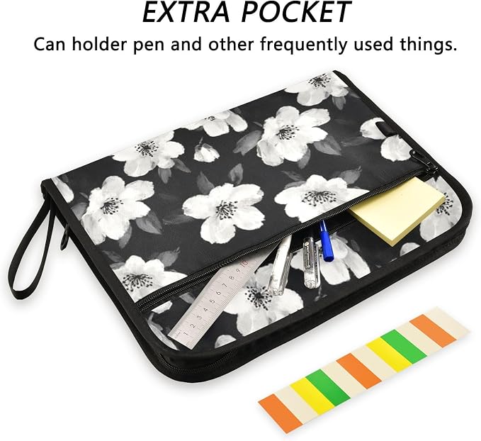 Black White Flowers Accordion File Organizer Expanding Document Folder with 13 Pockets Portable File Folder for A4 Letter Size