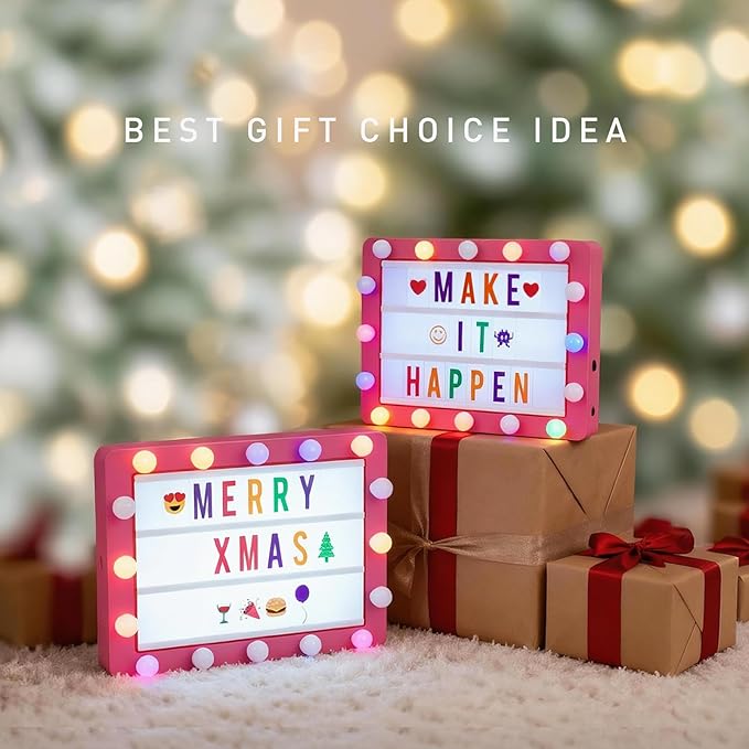 Cinema Light Box with 290 Letters,Icons, Stocking Stuffers Christmas Birthday Gifts Ideas for Teen Girls Women, DIY LED Sign Light Up Marquee Message Board for Home Office Cute Room Desk Decor(Pink)
