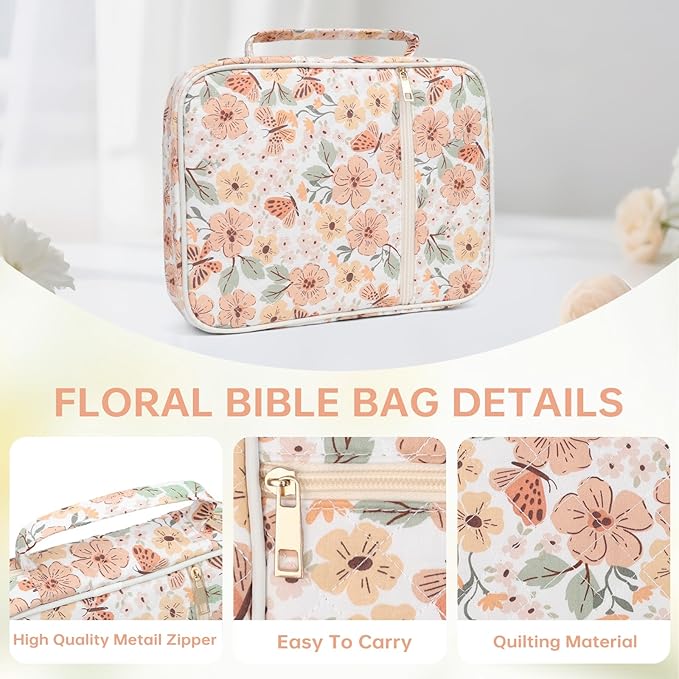 Bible Cover Case for Women Large Bible Cover with Durable Handle Quilted Bible Carrying Case for Girls Bible Study Supplies Accessories (Autumn Butterfly Bloom, Autumn Butterfly Bloom)