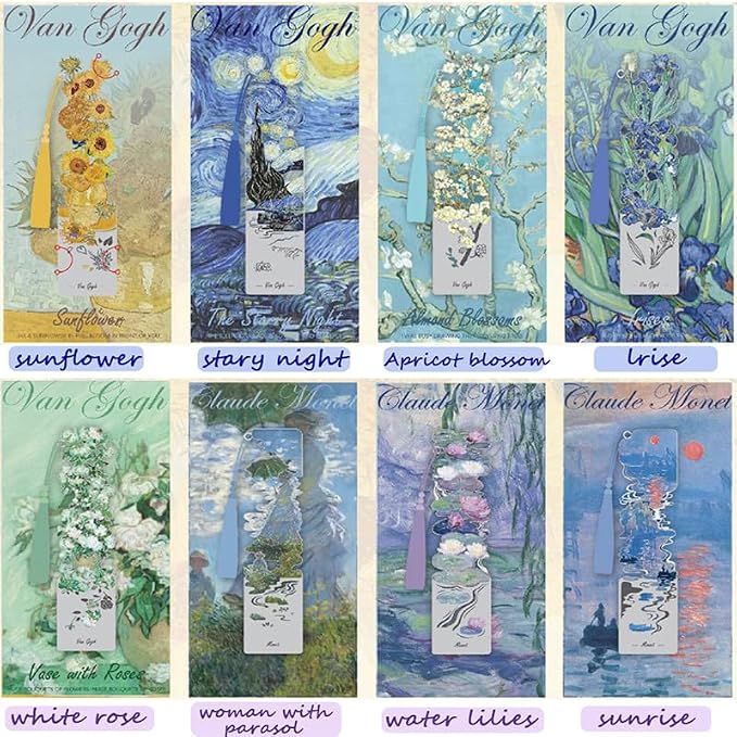 2 Pcs Metal Bookmarks with Tassel, Sliver Hollow Bookmark Oil Painting Theme Bookmark Art Bookmarks for Book Lovers Writers Readers Children Teens Men Women Adults (Woman+Sunrise)