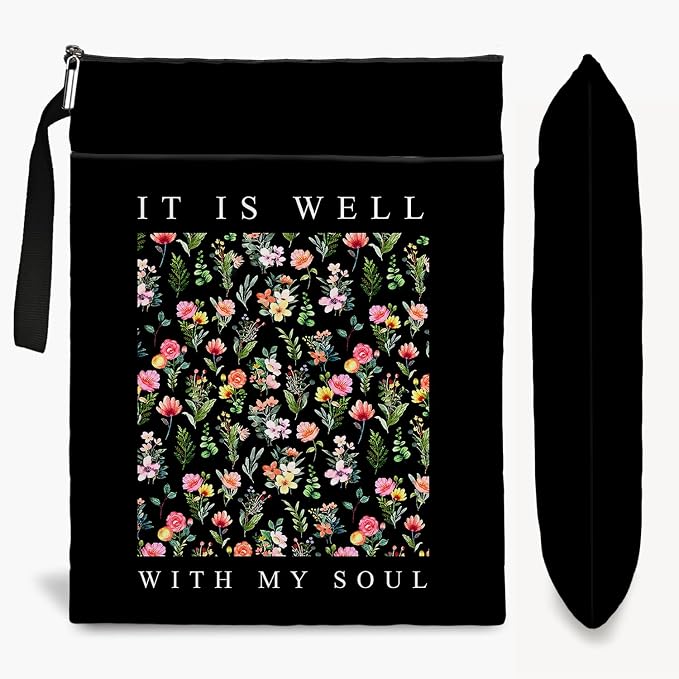 It is Well with My Soul Book Sleeve Christian Book Cover,Book Lovers Gifts Waterproof Book Cover for paperbacks with Zipper and Front Pocket Book Pouch for Women Teacher Student Gifts (Black, Large)