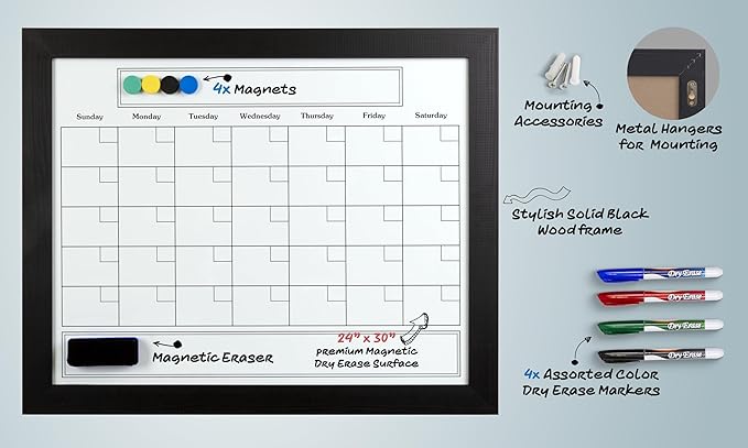 Large Magnetic Dry Erase Whiteboard Calendar with Real Wooden Frame, Large 24" x 30" Size, Wall Mount, Includes 4 Assorted Color Markers, Eraser and 4 Magnets, by Better Office Products (Solid Black)
