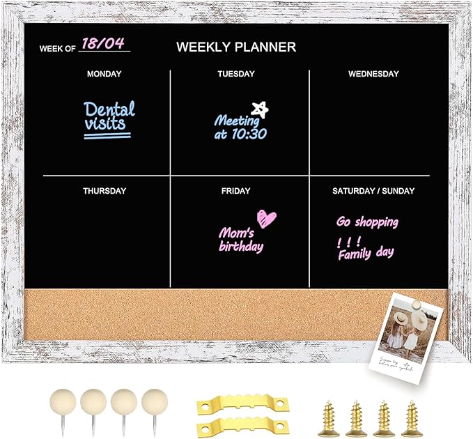 ZHYL Magnetic Weekly Calendar & Memo Board, Combination Chalkboard & Cork Board, Whitewashed Wood Framed Calendar (ZHYL-WH,4333)