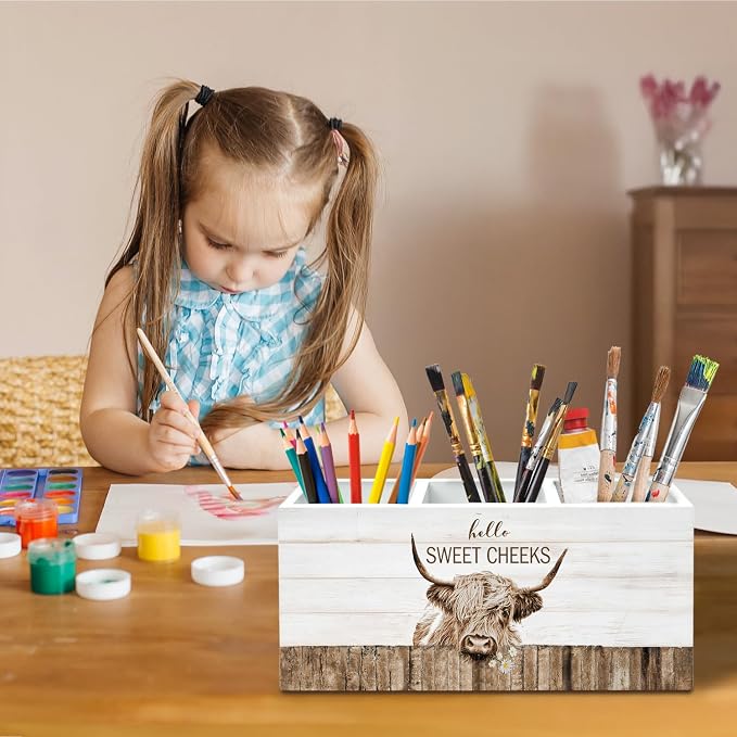 Rustic Highland Cow Bathroom Toothbrush Holder, Highland Cow Gifts Pen Pencil Organizer, Hello Sweet Cheeks Funny Animal Wooden Box Sign Decor for Home Bathroom Washroom Decoration