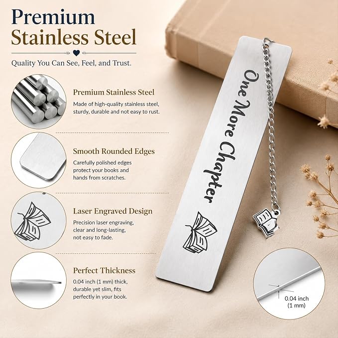 One More Chapter Metal Bookmark, Stainless Steel Book Marker for Women & Men, Book Lover Gifts for Readers, Reading Accessories, Teacher Birthday Retirement Gifts