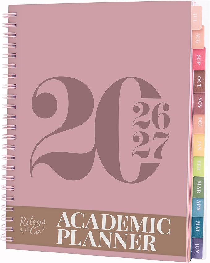 Rileys Academic Planner 2026-2027, Daily, Weekly & Monthly Planner, July 2026 - June 2027, Student Notes Pages, Twin-Wire Binding, Weekly Agenda for School & Work (8 x 6-Inches, Typographic, Pink)