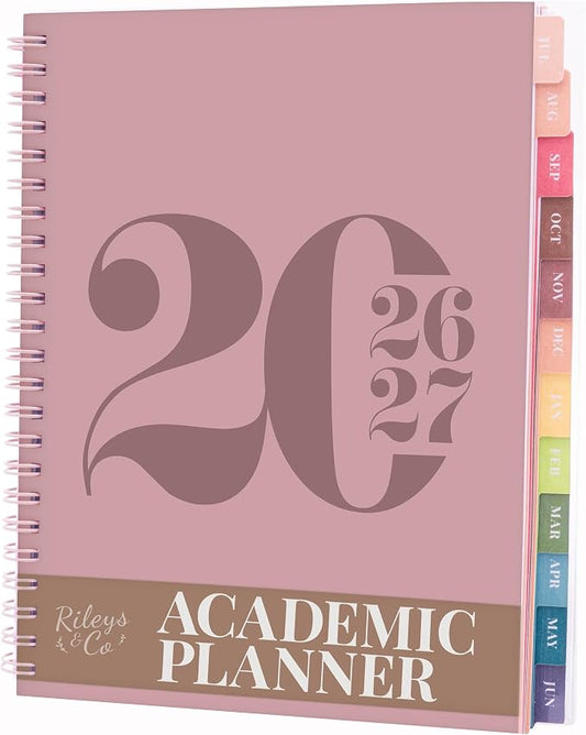 Rileys Academic Planner 2026-2027, Daily, Weekly & Monthly Planner, July 2026 - June 2027, Student Notes Pages, Twin-Wire Binding, Weekly Agenda for School & Work (8 x 6-Inches, Typographic, Pink)