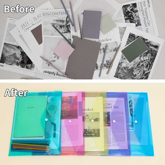 EOOUT 5pcs Plastic Envelopes, Plastic Folders for Documents, Poly Folders with Snap Closure, A4 Size, Letter Size, for School and Office Supplies