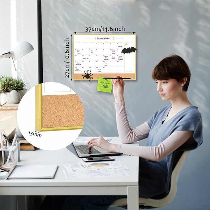 Whiteboard Calendar & Corkboard, 14.5" x 10.5" Dry Erase White Board & Bulletin Board, Gold Aluminum Frame Calendar/Cork Combo Board(ZHYL-Gold-2737-B)