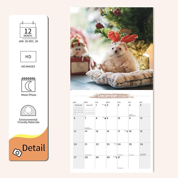 Wall Calendar 2026 Planner Calendar - Hedgehog Hangable Monthly Wall Calendar with Large Blocks for Organizing & Planning, Academic Schedule, Home, Office & family, Thick & Sturdy Paper (12"x24" Open)