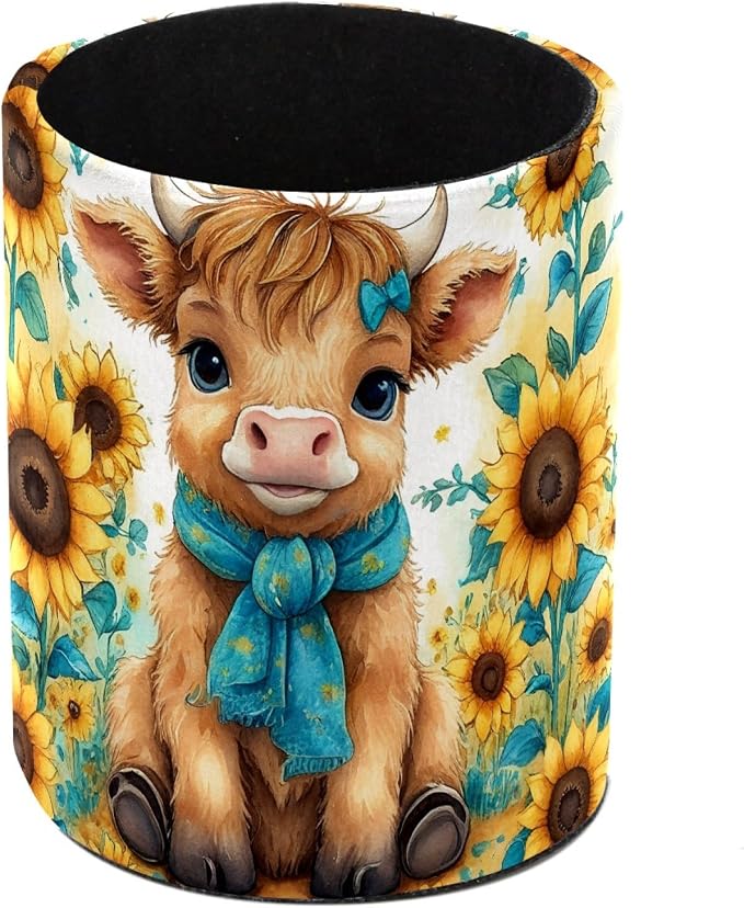 Leather Pen Holder for Desk, Highland Cow Sunflower Makeup Brushes Holder Pencil Cup Multifunctional Desktop Organizer Caddy for Home School Office Desk Accessories
