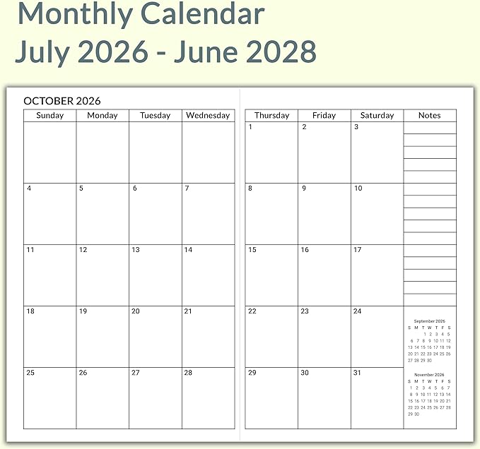 A5 Calendar Planner July 2026 - June 2028, Travelers Notebook Inserts for 2 Years, Monthly Calendar & Important Dates & Line & Dotted, 100gsm Paper, 8.3 x 5.5 in, 1pcs (Green)