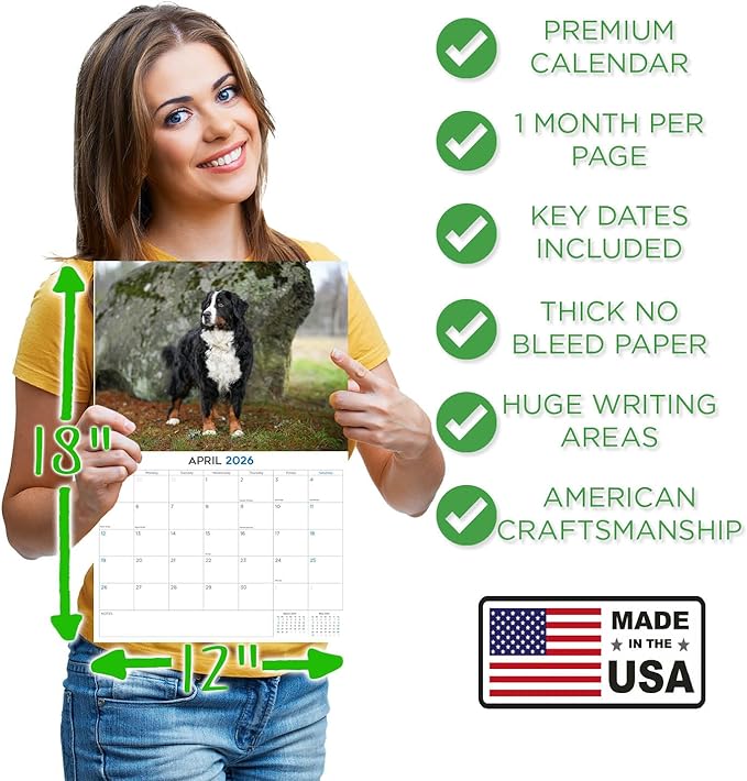 2025 2026 Bernese Mountain Dog Calendar - Dog Breed Monthly Wall Calendar - 12" x 18" Open - Thick No-Bleed Paper - Giftable - Academic Teacher's Planner Calendar Organizing & Planning - Made in USA