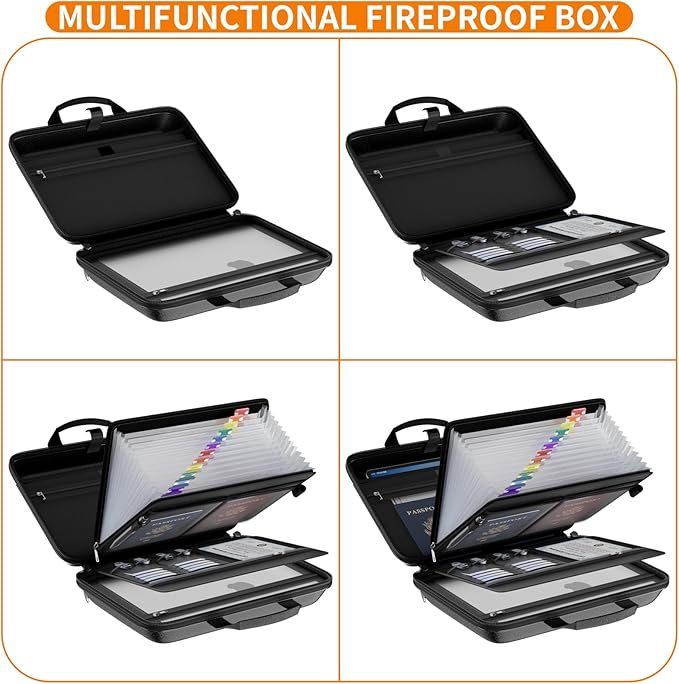 Fireproof File Organizer with Lock, Hard Case Fireproof Document Box with 13 Pockets Accordion File Folder, Important Document Organizer for Letter A4 Files Laptop Passports (Black)