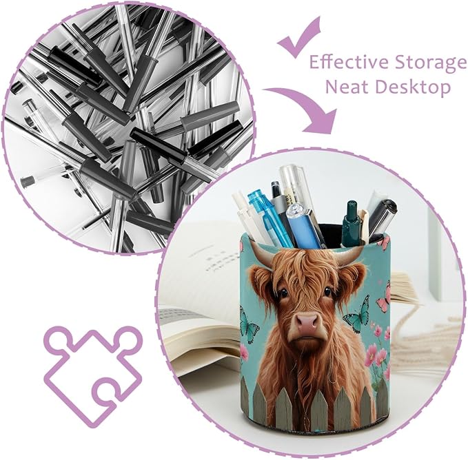 Leather Pen Holder for Desk, Highland Cow Floral Makeup Brushes Holder Pencil Cup Multifunctional Desktop Organizer Caddy for Home School Office Desk Accessories