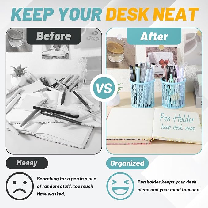 Segarty Pen Holer, 12 Pack Round Light Blue Pencils Holder for Desk, Metal Mesh Pen Cup Container Marker Organizer Set for Office, School, Home, Desktop Storage and Organization