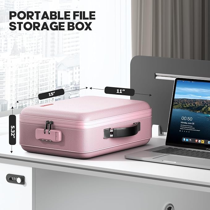 Fireproof Document Box, Hard Case Highly Flame-Resistant Fire Proof Waterproof File Organizer with Lock, Portable Fire Safe for Important Documents & Valuables Storage (Pink, ‎14"*11"*5")