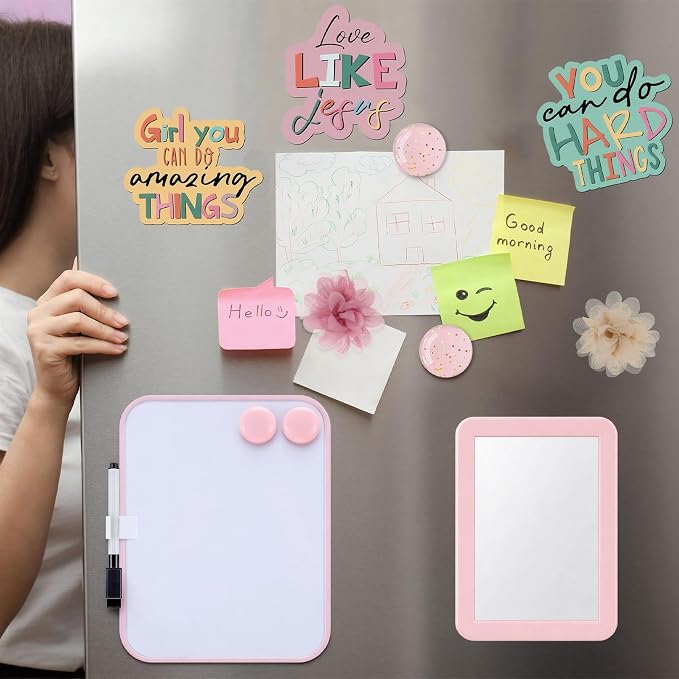 AmazingSpark Magnetic Locker Set with Whiteboard Mirror Erasable Pens Magnetic Pen Holder Refrigerator Magnet Flower and Inspirational Sticker Pink Decoration for Back to School Accessories