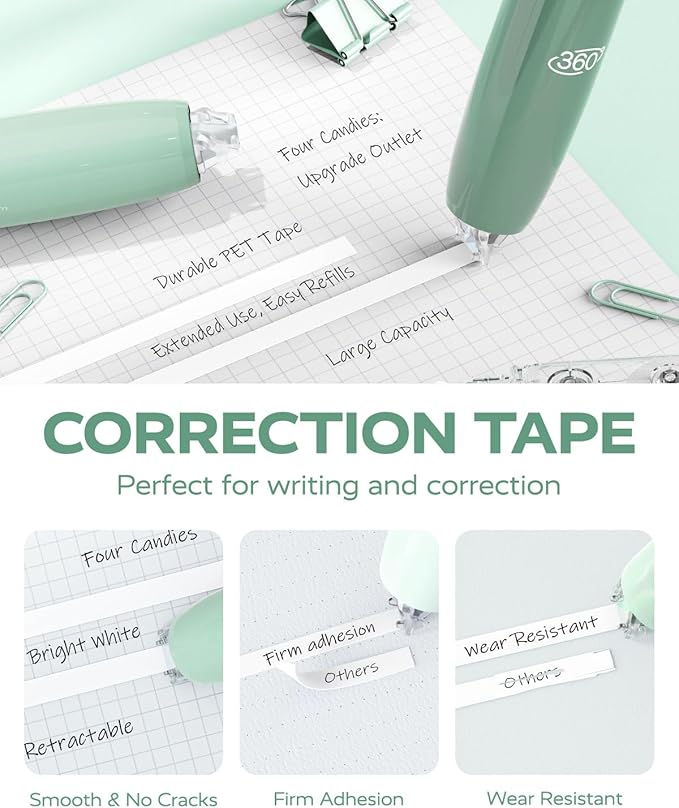 Four Candies Refillable Retractable White Correction Tape, 4PCS Smooth White Pull-Out Tape with 4 Extra Refills, Easy to Use Applicator for Instant Corrections for Office, School Supplies (Green)