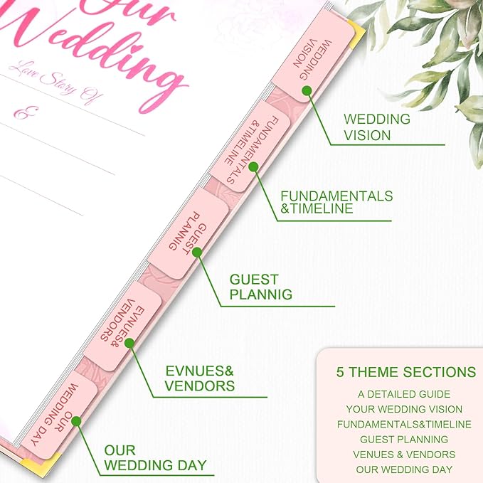 Wedding Planner For Bride-Bridal Wedding Planning binder With 5 Tabbed Sections+Wedding Countdown Calendar,Unique Engagement Gifts For Couples,Pink Love