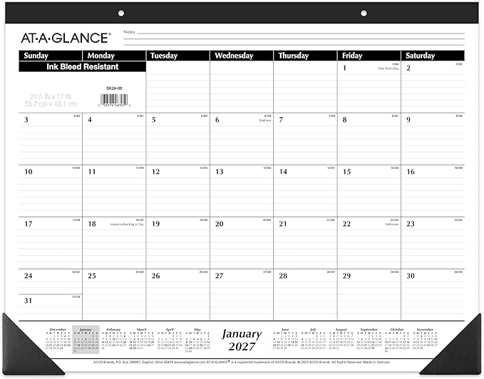 AT-A-GLANCE 2027 Desk Pad Calendar, Monthly Desk Wall Planner, 21.75" x 17", Ruled Blocks (SK240027)