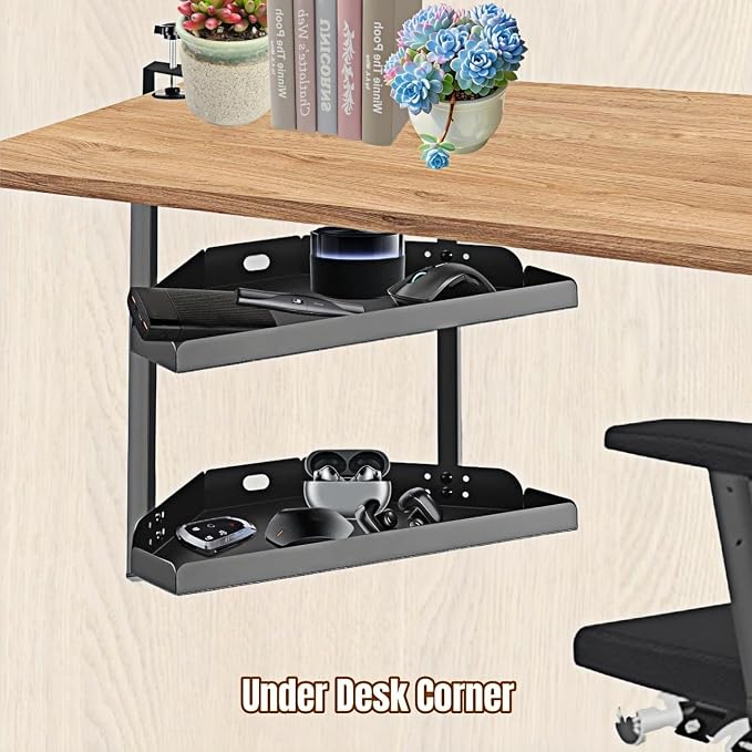CanKing Desk Clamp Corner Shelf 16 Inch Metal Organizer 2 Tier Adjustable Storage Rack Fits on or Under Table for Desktop Accessories Tray