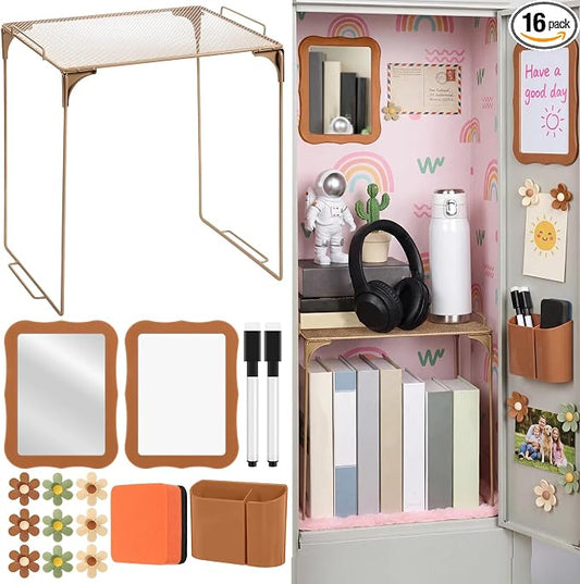 Colarr 16 Pcs Brown Locker Accessories for Girls Includes Magnetic Whiteboard & Mirror Locker Shelf Pen Holder 2 Dry Erase Marker & Eraser 9 Flowers for Back to School Essentials Decoration