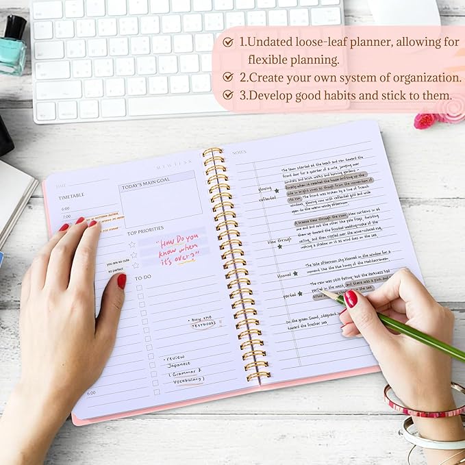 Thboxes Undated Daily Planner with Hourly Schedule, 5.71" X 8.35" Daily To DO List Noteboook Set Goals A5 Daily Personal Organizer Notepad for School Work Office Improve Efficiency Planner, Pink
