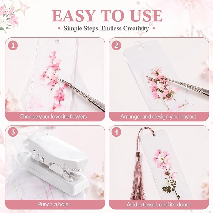 Fuyoooo 61 Pcs Dried Flower Bookmark Making Kit, DIY Bookmark Laminating Pouches with Tassels and Puncher, Handmade Craft Kit for Women, DIY Gifts for Book Lovers (Pink Orange Purple,2 x 6 Inch)