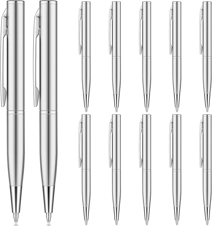 Chinco 16 Pcs Silver Mini Pens Bulk Small Ballpoint Pen Metal Stainless Steel Point Pens Pack with Copper Fittings for Pockets Notebook Notepads Office School Business Work Writing 3 Inch