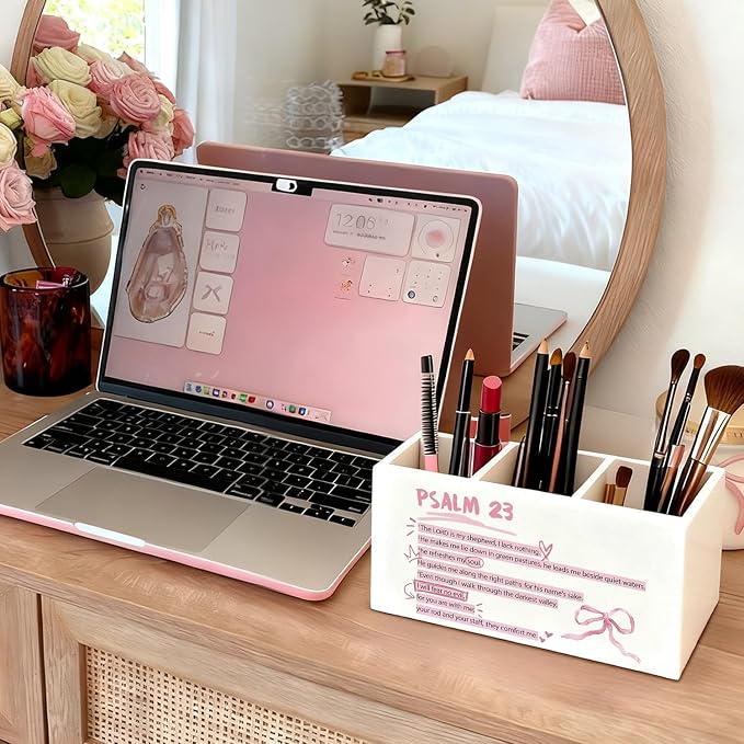 Pink Christian Pen Holder, Christian Gifts for Women Pencil Holder for Desk, Coquette Pink Bow Bible Verse Wooden Box Sign Decorations for Girly Room Bedroom Dorm Office Desk Tabletop