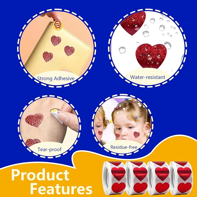 1500 Pcs 1.0Inch Heart Stickers for Kids Reward,Behavior Chart,School Classroom Student Teacher Supplies Gift