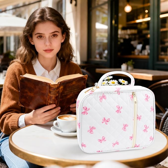 Zkptops Bible Cover Case for Women Girls Large Bible Bag Cotton Quilted Bible Carrying Case with Zipper Pocket and Handle Pink Bow Christian Carrying Book Cover for Christian Study Supplies Gift