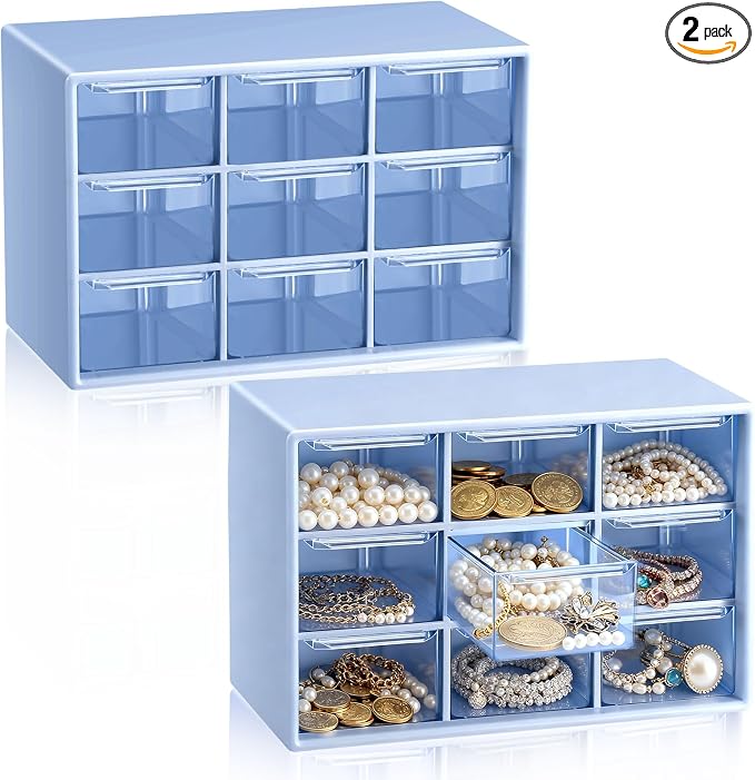 Wenqik 2 Pcs Mini Storage Drawers Teacher Toolbox Organizer with 9 Clear Drawers Small Plastic Desktop Teacher Desk Craft Organizer for Classroom Office 7" x 3. 9" x 4. 7"(Blue)