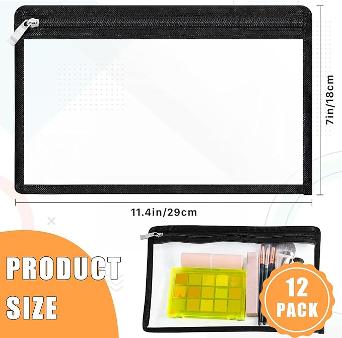 12 Pcs Clear Zipper Pouches, Multi Purpose Pouch Document File Organization Bags, Pencil Pouches, Envelopes Folder Storage for Document Storage, Office Supplies (Black Edgin,13 x 10.5 Inches)