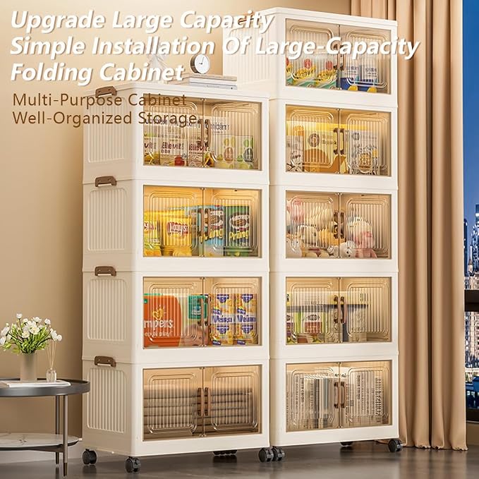 Thick Foldable Storage Bins with Wheels, Closet Organizers with Lid, Multi-Layer Stackable Organizer for Living Room, Bedroom, Kitchen, Office, Dorm