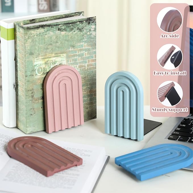 Harloon 4 Pcs Boho Arch Wooden Bookends, Decorative Rainbow Book Stoppers with Non-Slip Metal Base, 5x3x4 Inches, Cute Shelf Decor for Heavy Books, Home Office Study Desk Organizer(Morandi Color)
