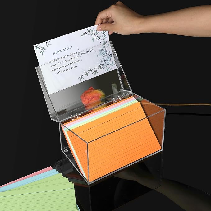 BTSKY Clear Acrylic 5 x 8 inch Index Card Box with Sign Lid - Index Card Holder Notecard Box Recipe Card Box Plastic Storage Organizer for Filling Index Cards, Note Cards, Flashcards, Recipes