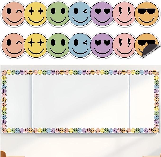 30 Pcs Boho Smile Face Magnetic Bulletin Board Borders 35 Ft Reusable Smile Magnetic Border Strip Happy Face Die Cut Trim Bulletin Board Decorations for Classroom Office & Activity Room Accessories