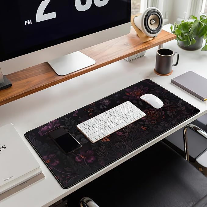 Dark Cottagecore Desk Mat Black Purple Flower XL Mouse Pad Large Gaming Mousepad Extended Vintage Aesthetic Desk Pad Keyboard Mouse Mat 31.5 x 11.8 in for Work Game Office Decor