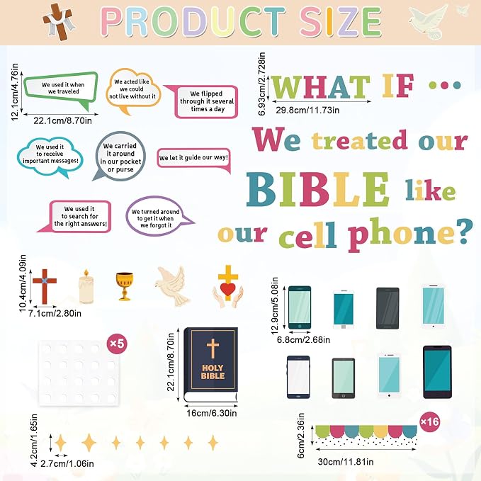 Religious Bible Bulletin Board Set Jesus Sunday School Classroom Decoration Christian Cell Phone Bulletin Board Inspirational Religious Bible Cell Phone Cutouts for VBS Church Chalkboard Wall Decor