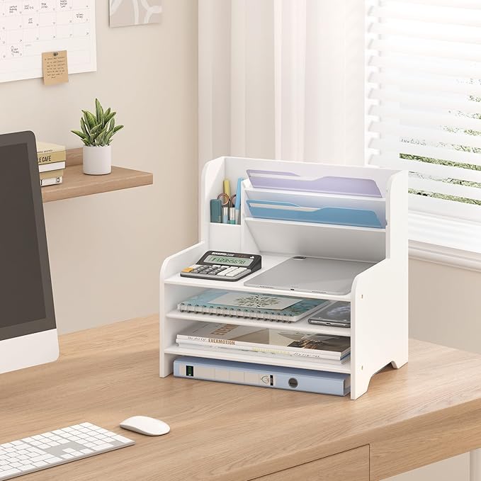 Desk File Organizer - 6-Tier Desktop Mail Letter Tray Paper Document Organizer with Pen Holder for Home Office Supplies, Office Desk Accessories & Workspace (White)