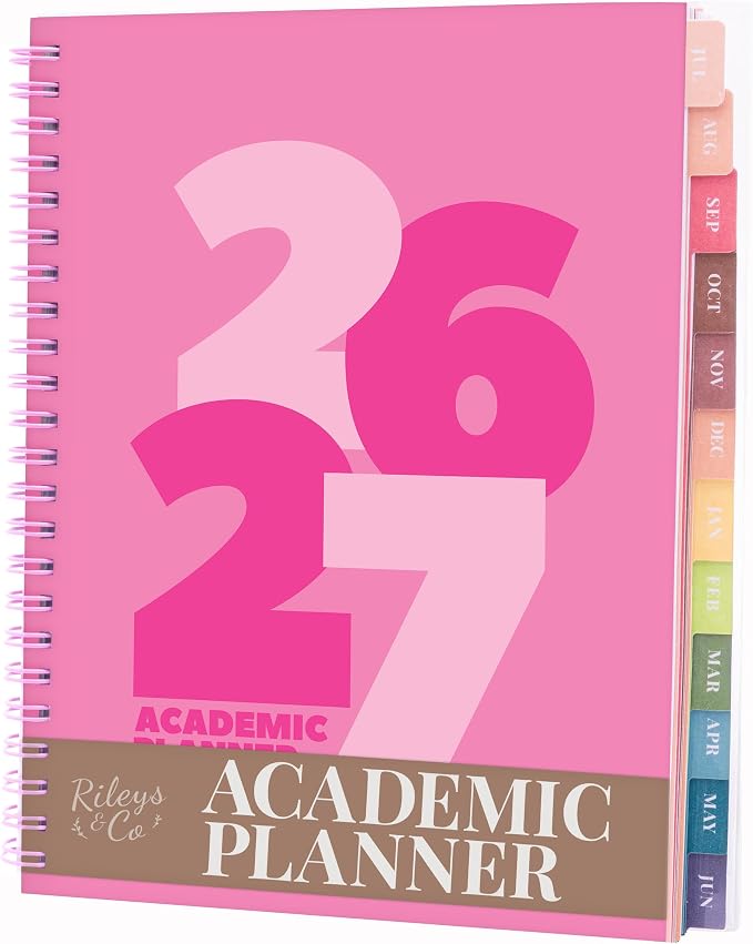 Rileys Academic Planner 2026-2027, Daily, Weekly & Monthly Planner, July 2026 - June 2027, Student Notes Pages, Twin-Wire Binding, Weekly Agenda for School & Work (8 x 6-Inches, Chunky, Pink)