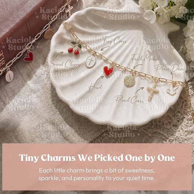 Kaciola Bible Charms Chain with 4PCS Planner Charms for Bible Study, Book Spine Bookmark, Journal Accessory, Unique Faith Jewelry Gift for Women (SJ-03)
