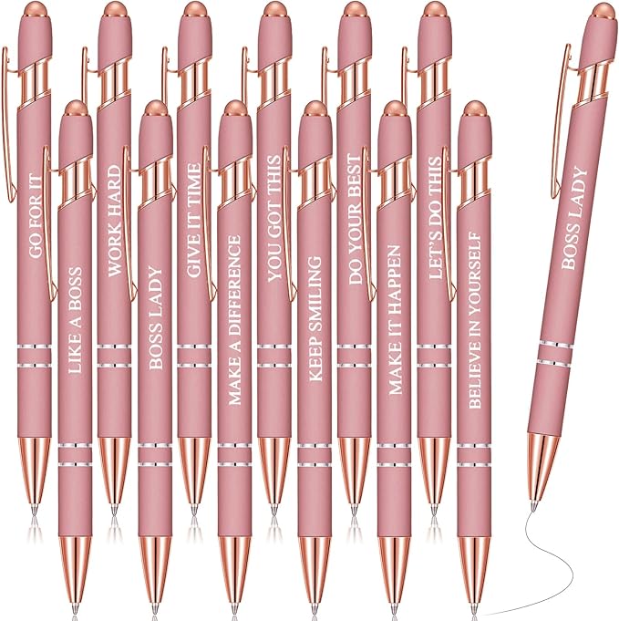 Zonon 12 Pcs Inspirational Pens Gift Set Funny Ballpoint Pen with Stylus Tip Motivational Graduation Gifts Bulk for Teacher Coworkers Nurse School Office Supplies(Rose Gold,Boss Lady)