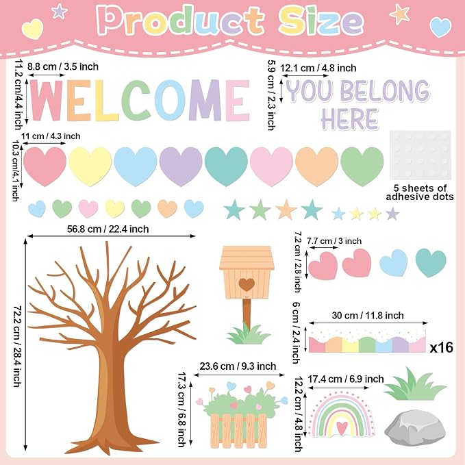 85pcs Pastel Classroom Tree Bulletin Board Heart DIY Photo Name Tags Crafts Cutouts Back to School Rainbow Accents You Belong Here Welcome Classroom Decor for Nursery Elementary Chalkboard Wall Decor